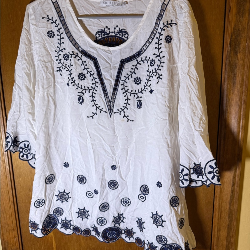 Solitaire White Blouse with Black Embroidery